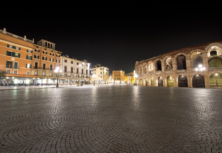 Piazza Bra and Arena of Verona at night - Roman amphitheaterのeditorial素材