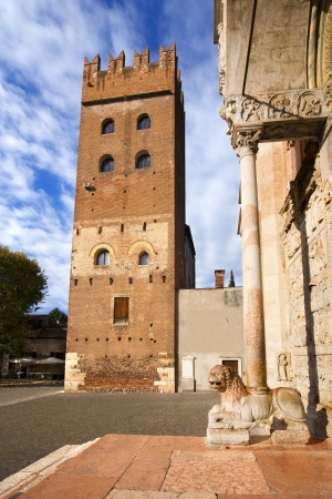 Abbey tower of the XII-XIII century and facade of the Church of San Zeno in Verona Italyのeditorial素材