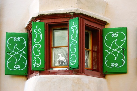Detail of a typical window with decorations in Engadine - Switzerlandの写真素材