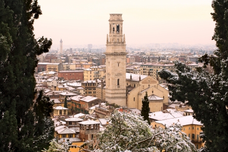 View of the city of Verona in the winter - the cathedral - Italyの写真素材