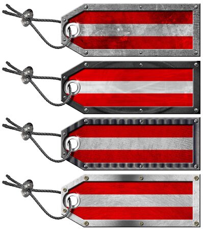 Four grunge metallic tags with austrian flags, steel cable and metal rivetsの写真素材