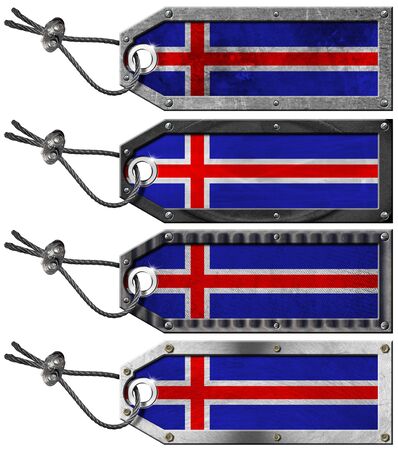 Four grunge metallic tags with Icelandic flags, steel cable and metal rivetsの写真素材