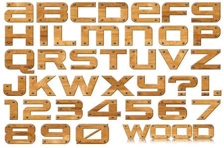 Brown grunge wooden alphabet and numbers with screws on white background
の写真素材