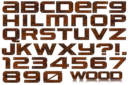 Dark brown grunge wooden alphabet and numbers with screws on white background
の写真素材