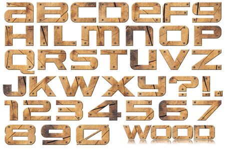 Grunge wooden trunk alphabet and numbers with screws on white background
の写真素材