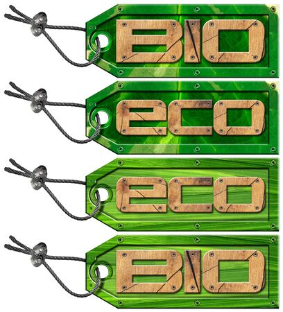 Four Bio and Eco Green tags - labels with leaf background and steel cableの写真素材