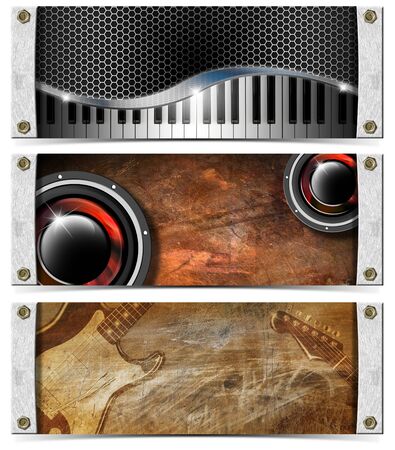 Three horizontal grunge music banners or headers with guitar, piano and wooferの写真素材