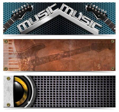 Three horizontal grunge music banners or headers with guitar, piano and wooferの写真素材
