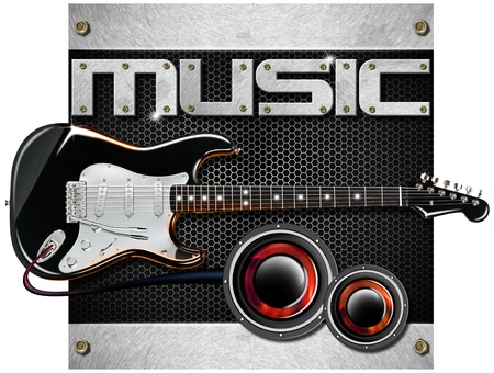 Music metal black background with hexagons, guitar and wooferの写真素材