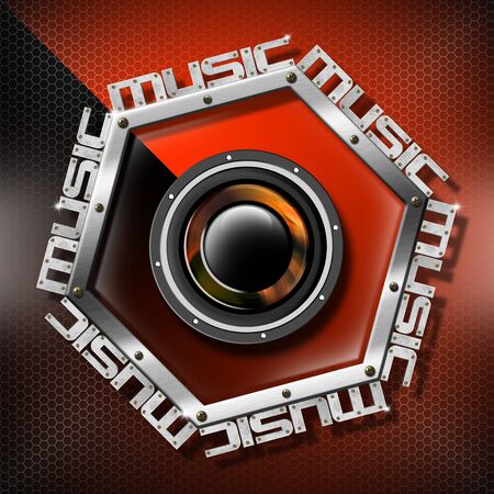 Music red background with metal hexagon, woofer and written musicの写真素材