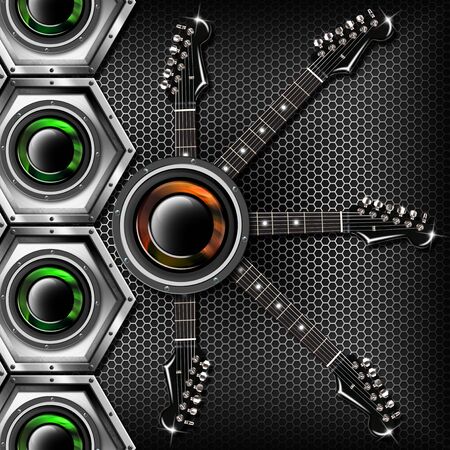 Music black background with metal hexagons, electric guitars and woofersの写真素材