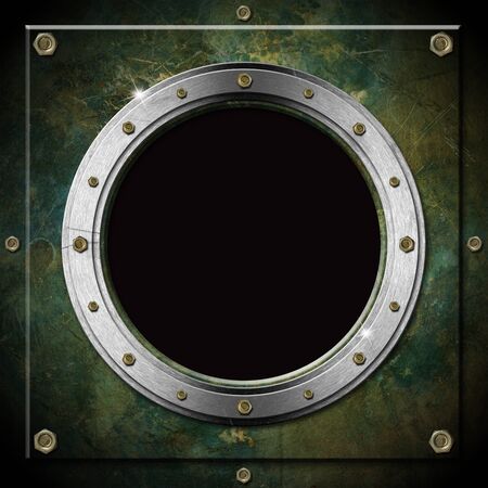 Dark green and gray metallic porthole with bolts and black hole  window  の写真素材
