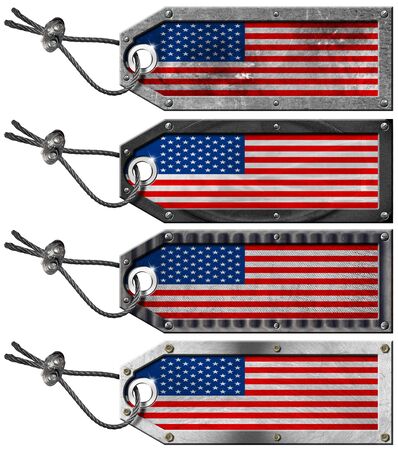 Four grunge metallic tags with USA flags, steel cable and metal rivetsの写真素材