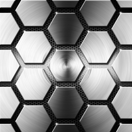 Metallic gray hexagons on a black background with Hexagonsの写真素材