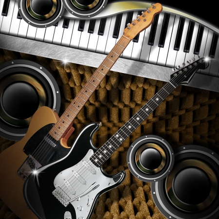 Music background with two electric guitars, piano and woofersの写真素材