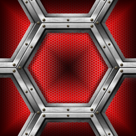 Red and metal business background with grid, hexagons and reflectionsの写真素材