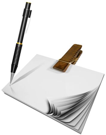 Notepad with blank pages held together by clothespin and propelling pencil の写真素材
