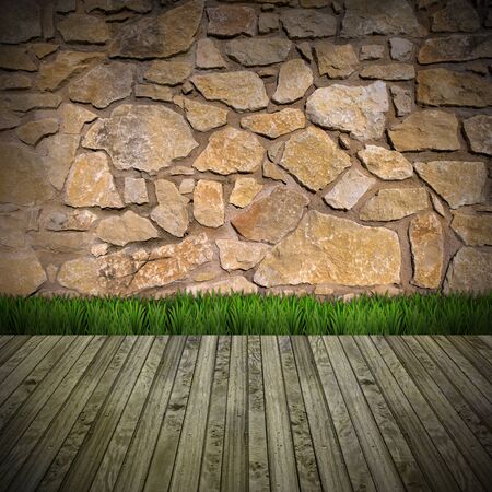 Brown stone grunge interior with green grass on wood floorの写真素材