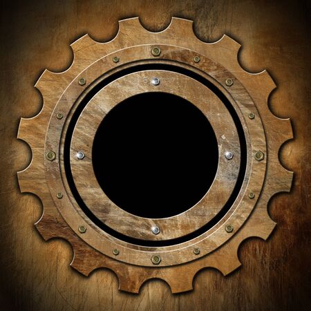 Brown rusty metallic porthole gear-shaped with black hole  window  の写真素材