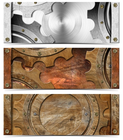 Three horizontal grunge metallic banners or headers with gearsの写真素材