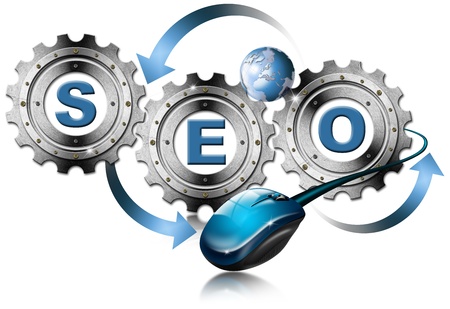 Illustration with metal gears, globe, mouse and written SEOの写真素材