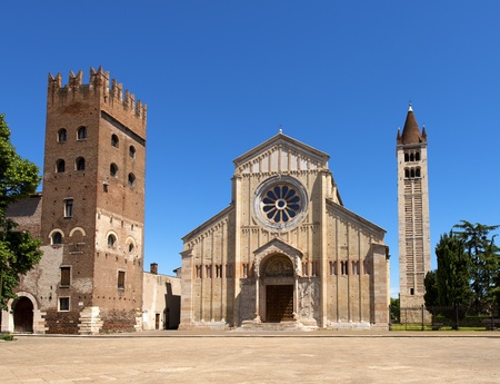 Facade and bell tower of the Church of San Zeno in Verona Italyの写真素材