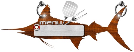 Menu signboard in the shape of fish marlin, written menu and kitchen utensilsの写真素材