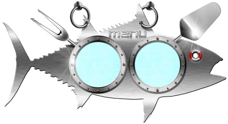 Menu signboard in the shape of metal fish tuna and kitchen utensilsの写真素材