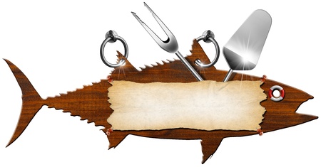 Menu signboard in the shape of fish tuna and kitchen utensilsの写真素材