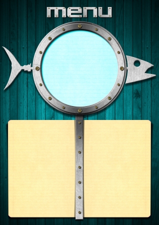 Restaurant fish menu with metal porthole and yellow empty pagesの写真素材