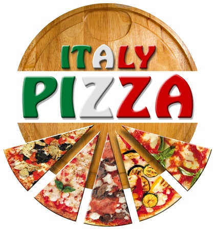 Pizza slices on the cutting board and written Italy Pizzaの写真素材