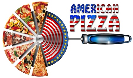 Pizza slices on the stainless steel pizza cutter and written American Pizzaの写真素材