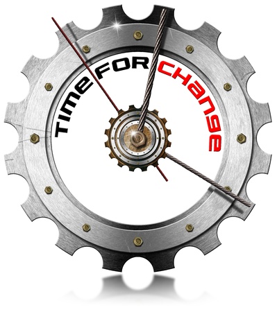 Metal clock gear-shaped with written time for change on a white background
の写真素材