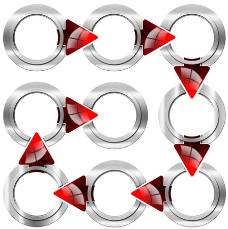 Next step with nine modular circular metal boxes and red arrowsの写真素材
