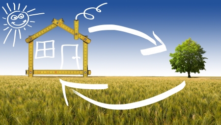 Wooden yellow meter tool forming a ecologic house in the countrysideの写真素材