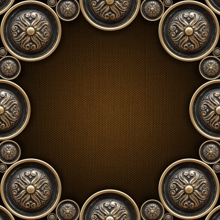 Texture of brass ornaments of a beautiful carved floral work on brown canvasの写真素材