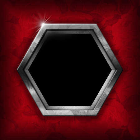 Hexagonal metal frame on red velvet background with roses flowersの写真素材