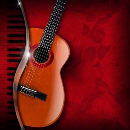 Acoustic brown guitar and piano against a red floral background の写真素材
