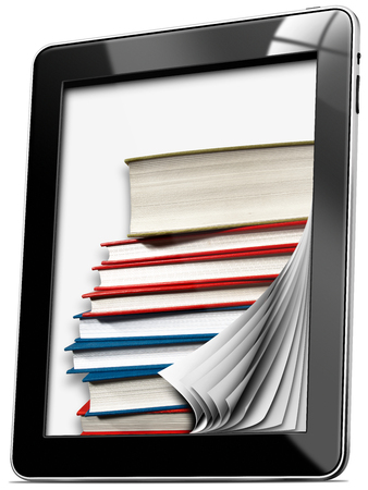 Black tablet computer with pages and stack of books - isolated on white 
の写真素材