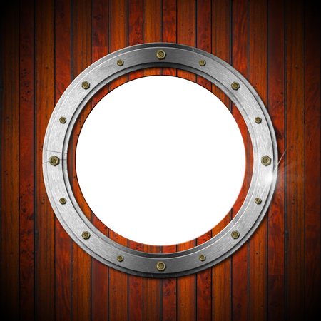 Metallic porthole with bolts on a brown wooden wall with empty hole の写真素材