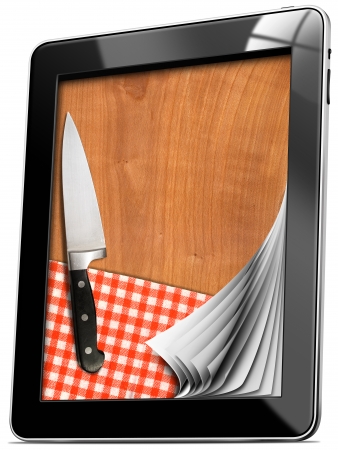 Black tablet computer with cutting board, red checked tablecloth and kitchen knife isolated on white 
の写真素材