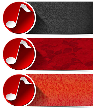 Set of three musical banners with floral texture, stylized white note and red circle
の写真素材