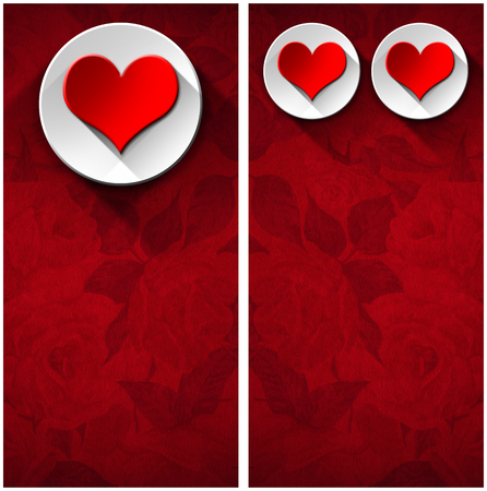 Stylized red hearts with white circle on red floral velvet background with shadows - Backgrounds for wedding invitationの写真素材