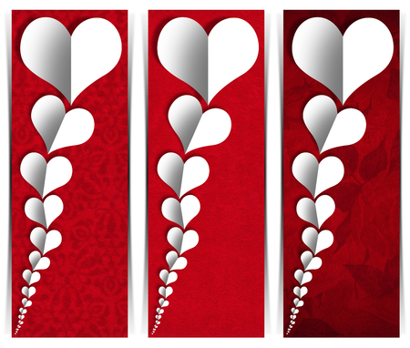 Set of three romantic banners or headers with many stylized hearts in white paper on red velvet background
の写真素材
