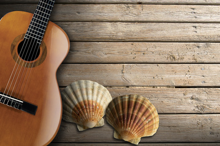Acoustic brown guitar with two sea shells on beach wooden floor over summer sandの写真素材
