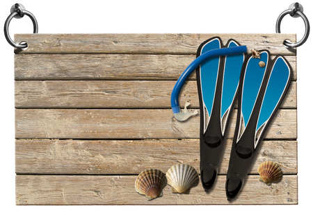 Wooden signboard with sand hanging on to two steel ring with seashells, blue flippers and blue snorkel divingの写真素材