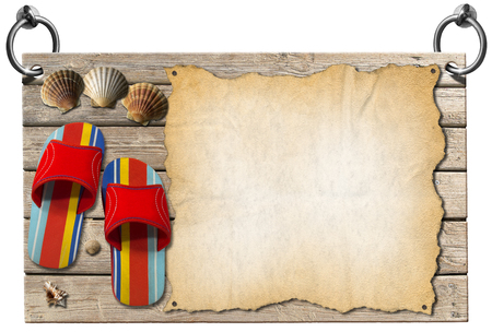 Wooden signboard with sand hanging on to two steel ring with seashells, colored sandals and empty parchmentの写真素材