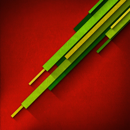 Diagonal stripes of velvet, yellow, orange and green on red velvet background with shadowsの写真素材