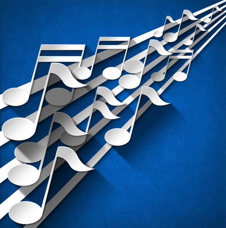 White and gray musical notes and stave on blue velvet background with shadowsの写真素材