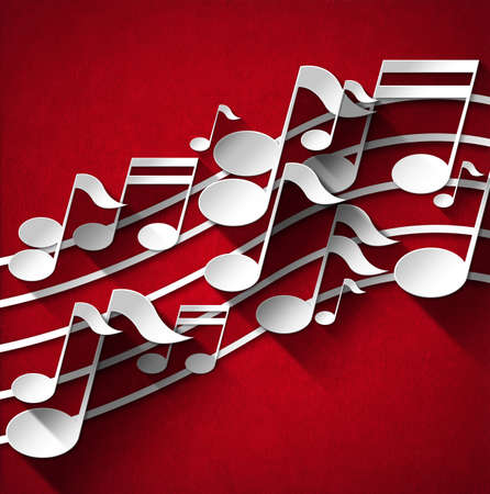 White and gray musical notes and stave on red velvet background with shadowsの写真素材
